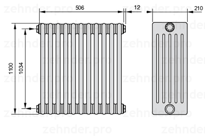 Схема (чертеж) Радиатор Zehnder Charleston 6110/11 №1270 Белый глянцевый RAL 9016